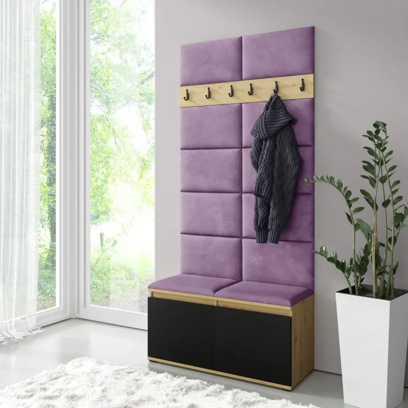Vestiaire étroit avec banc rembourré | Artisan/Noir/Pourpre | 215 x 100 x 40 cm | Pour 8 paires de chaussures | 6 patères