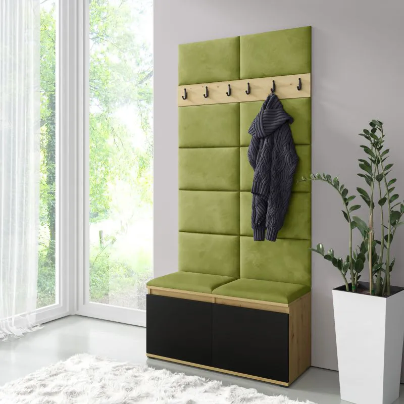 Penderie avec banc rembourré, panneaux muraux | Artisan/Noir/Jaune Vert | 215 x 100 x 40 cm | 8 paires de chaussures | 6 patères | 4 compartiments