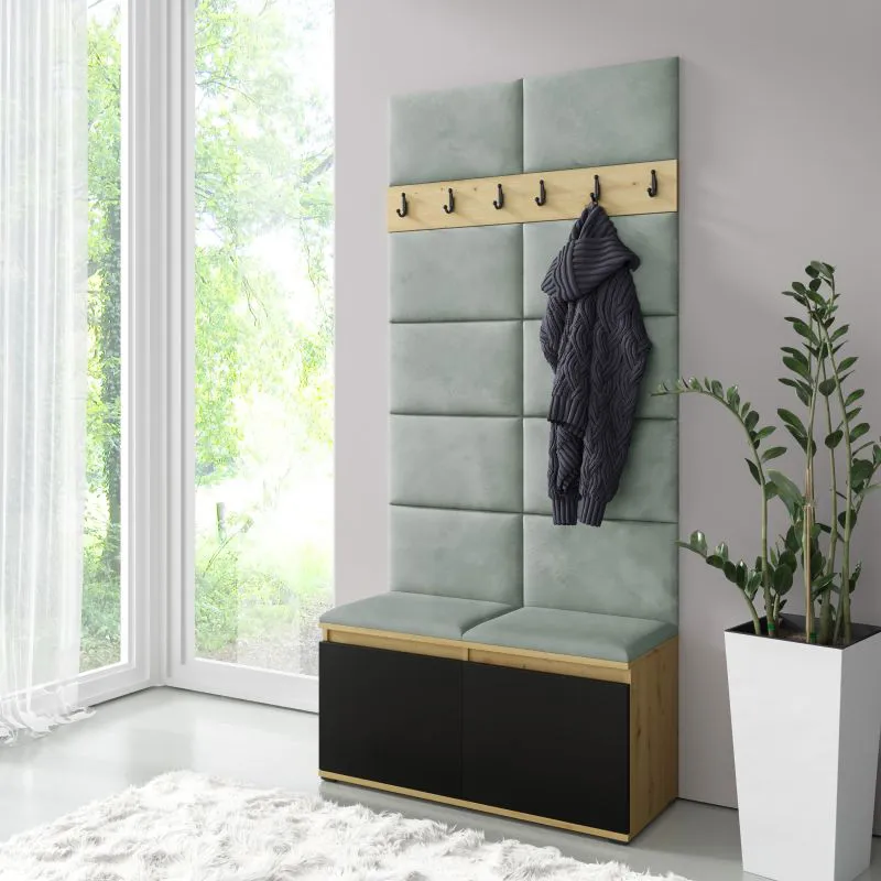 Vestiaire compact avec panneaux rembourrés | Artisan/Noir/Menthe | 215 x 100 x 40 cm | 8 paires chaussures | 6 patères | 4 compartiments