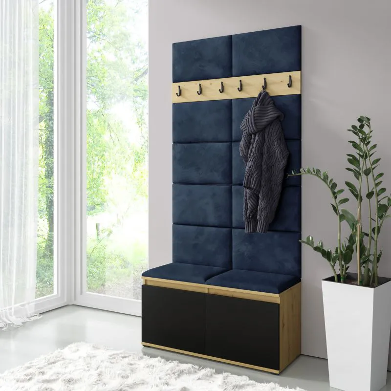 Vestiaire moderne avec banc rembourré 1 m | Armoire à chaussures 8 paires | Artisan/Noir/Bleu profond | 215 x 100 x 40 cm | 4 casiers | 6 patères