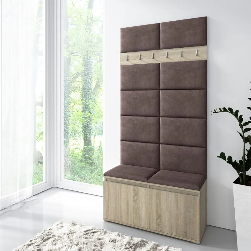 Meuble d’entrée avec assise matelassée | Rangement 8 paires de chaussures | Sonoma chêne/Dark Brown | 215 x 100 x 40 cm | 6 patères