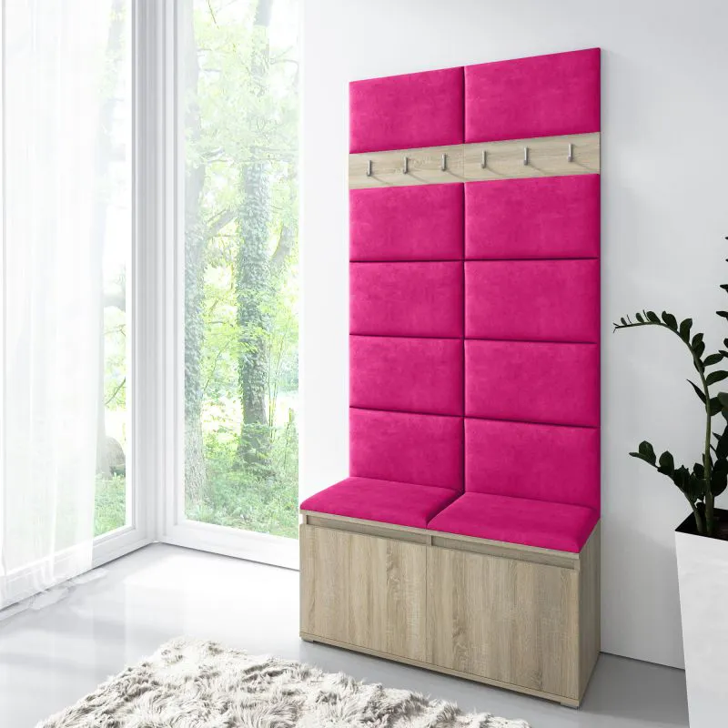 Penderie multifonction 215x100x40 cm | Siège rembourré rose | Chêne Sonoma | 8 paires de chaussures | 6 patères | 4 compartiments
