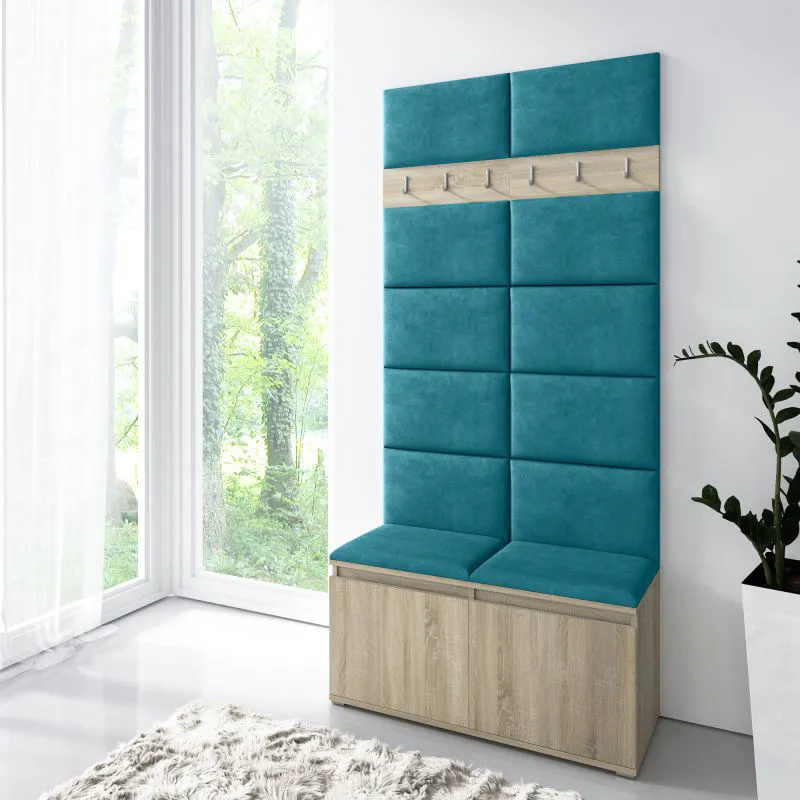 Penderie d’entrée avec assise capitonnée, chêne Sonoma & turquoise, 215x100x40 cm, 8 paires de chaussures, 6 crochets, 4 compartiments