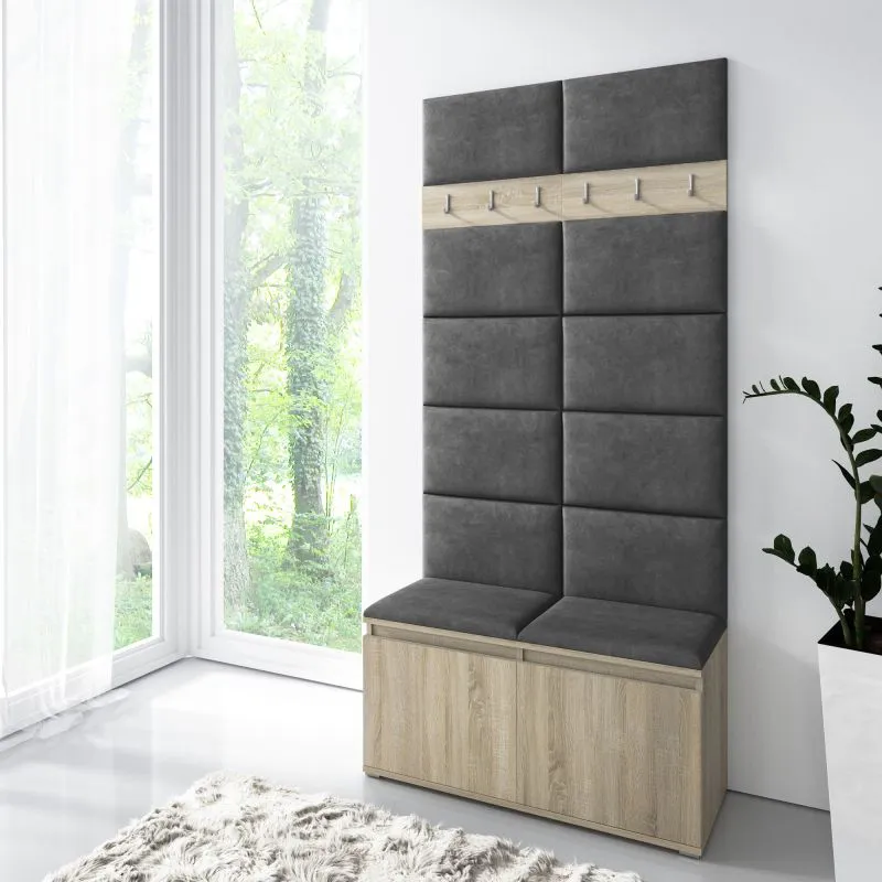 Meuble d’entrée avec banquette rembourrée | Chêne de Sonoma & Noir clair | 215 x 100 x 40 cm | 8 paires de chaussures | 6 patères | 4 compartiments