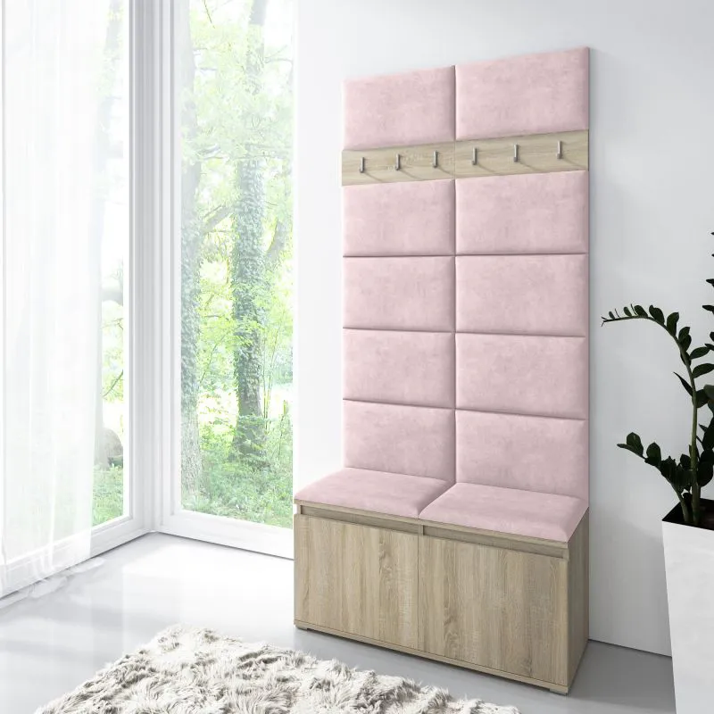 Penderie d’entrée avec banc rembourré | Chêne Sonoma/Flamingo | 215 x 100 x 40 cm | 8 paires de chaussures | 6 patères | 4 compartiments
