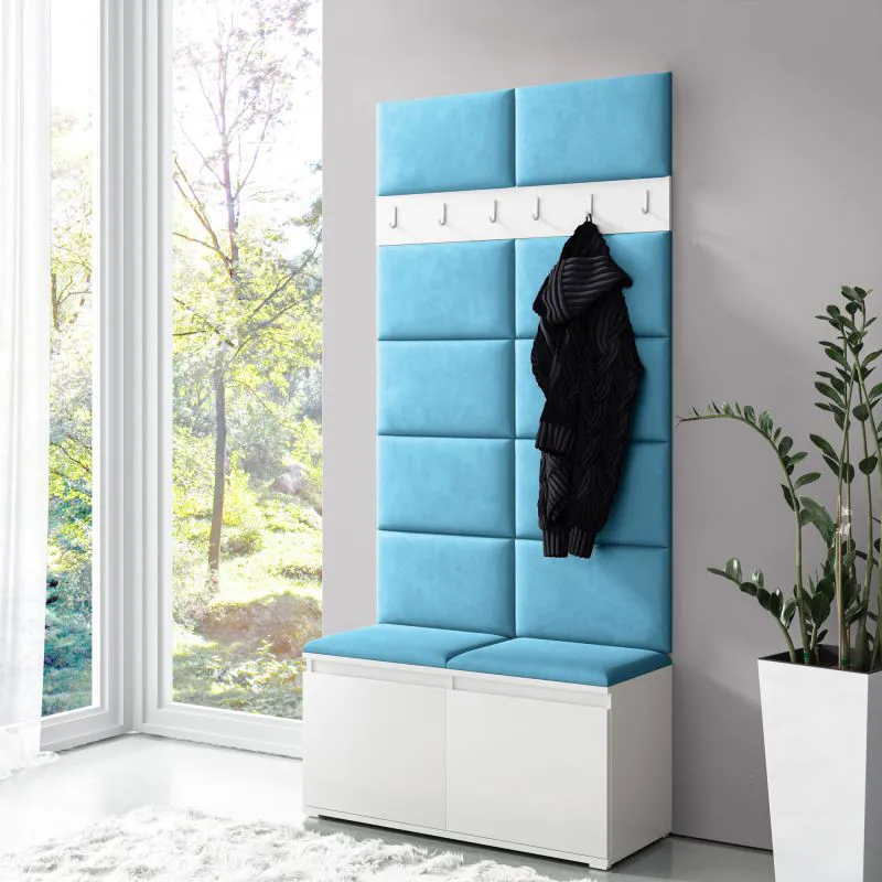 Penderie 1 mètre | Assise rembourrée turquoise | 8 paires de chaussures | 6 patères | 4 compartiments | Blanc/Turquoise