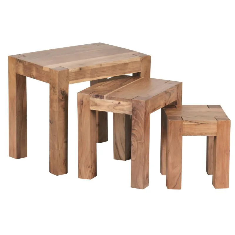 Set de 3 tables d’appoint en bois massif d’acacia | Fait main | 45 x 36 x 50 cm | Finition acajou