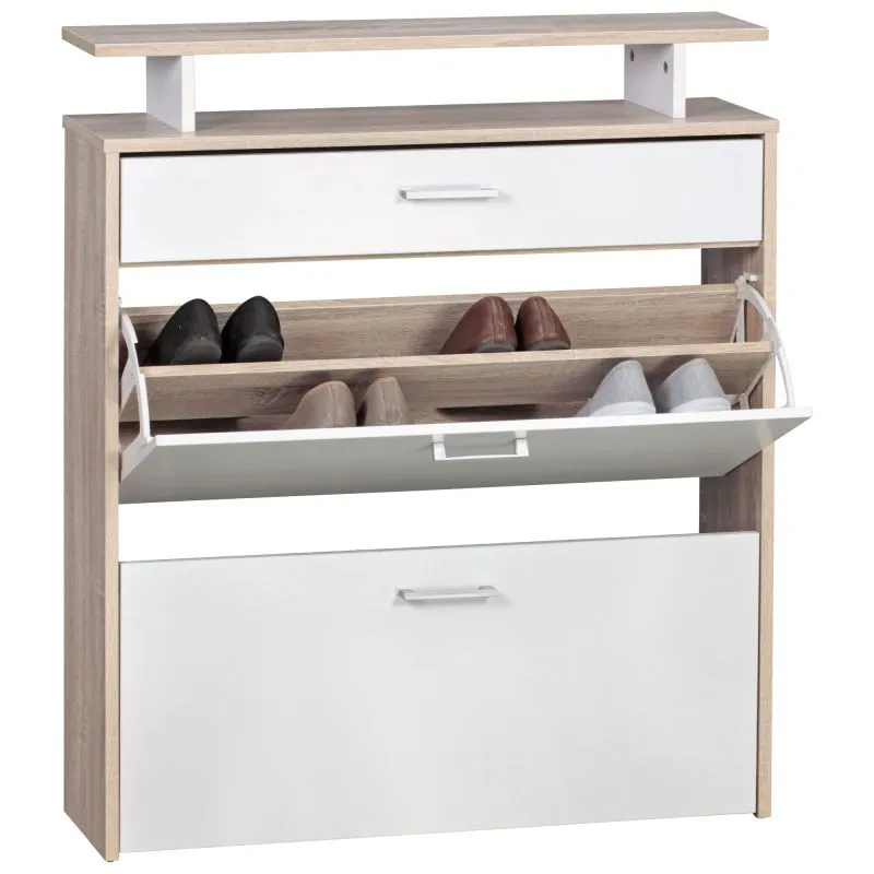Meuble d’entrée pratique | Chêne Sonoma & Blanc | 95 x 80 x 24 cm | Grande surface d’appui