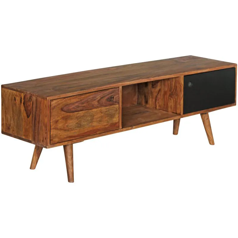 Meuble TV rétro en bois massif Sheesham et noir | 140 x 45 x 35 cm | Passage de câbles intégré