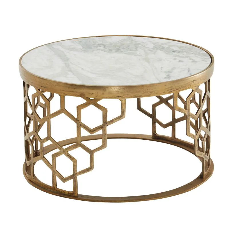 Table basse ronde en marbre blanc | Design moderne | 60 x 60 x 36 cm | Plateau marbre, piètement doré