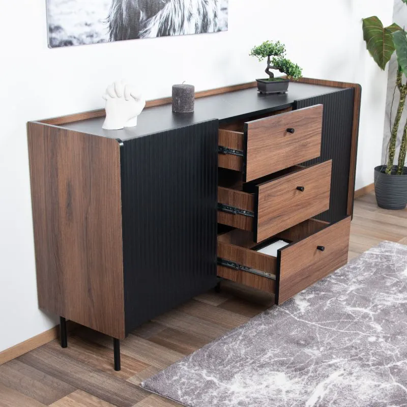 Commode design Mairenke 05 | Noyer & Noir mat | 79 x 150 x 40 cm | Rangement spacieux