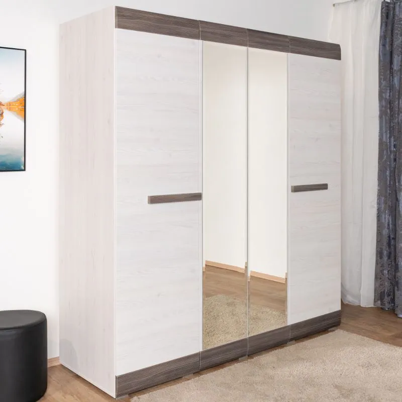 Armoire penderie Knoxville 28 | 4 portes dont 2 miroirs | 3 tiroirs | 5 compartiments | Pin blanc/gris | 202 x 183 x 65 cm
