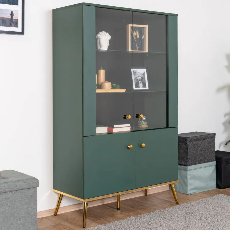 Vitrine design vert forêt Inari 02 | 4 portes, 4 compartiments | 152 x 92 x 40 cm | Élégance et fonctionnalité