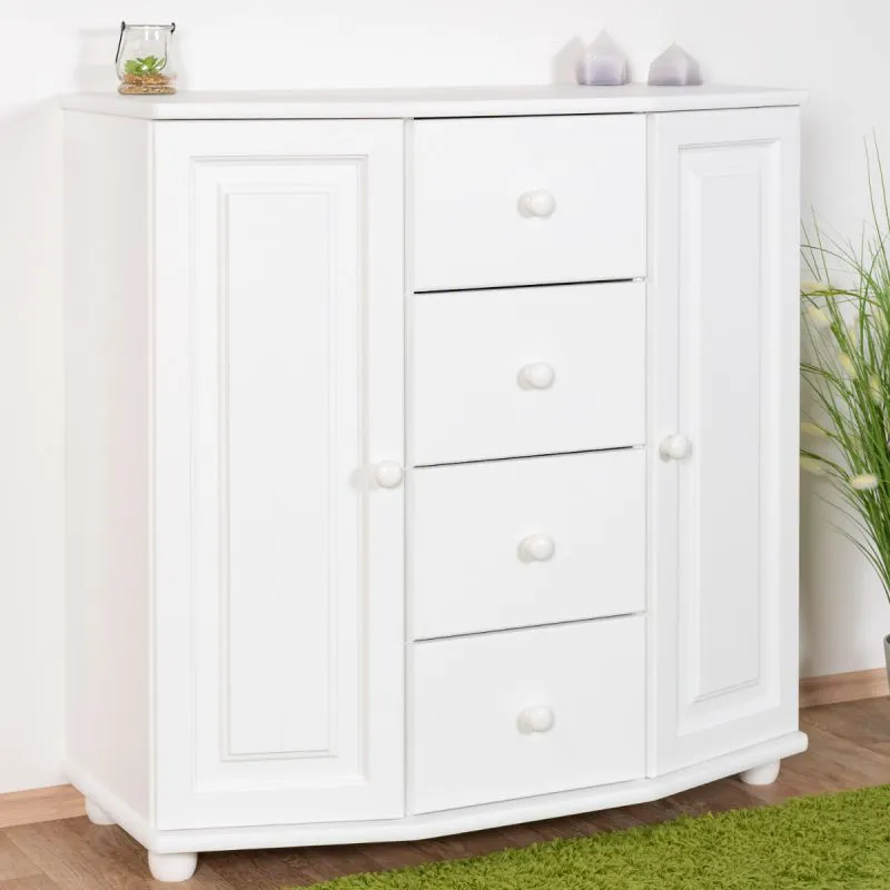 Commode blanche moderne Junco 168 en pin massif | 100x100x47 cm | 4 tiroirs, 6 compartiments, finition haut de gamme