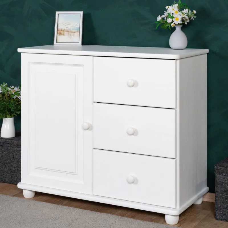 Commode pin massif blanc Junco 178 | 3 tiroirs, 2 compartiments | 78x90x42 cm | Montage facile | Stable et spacieuse
