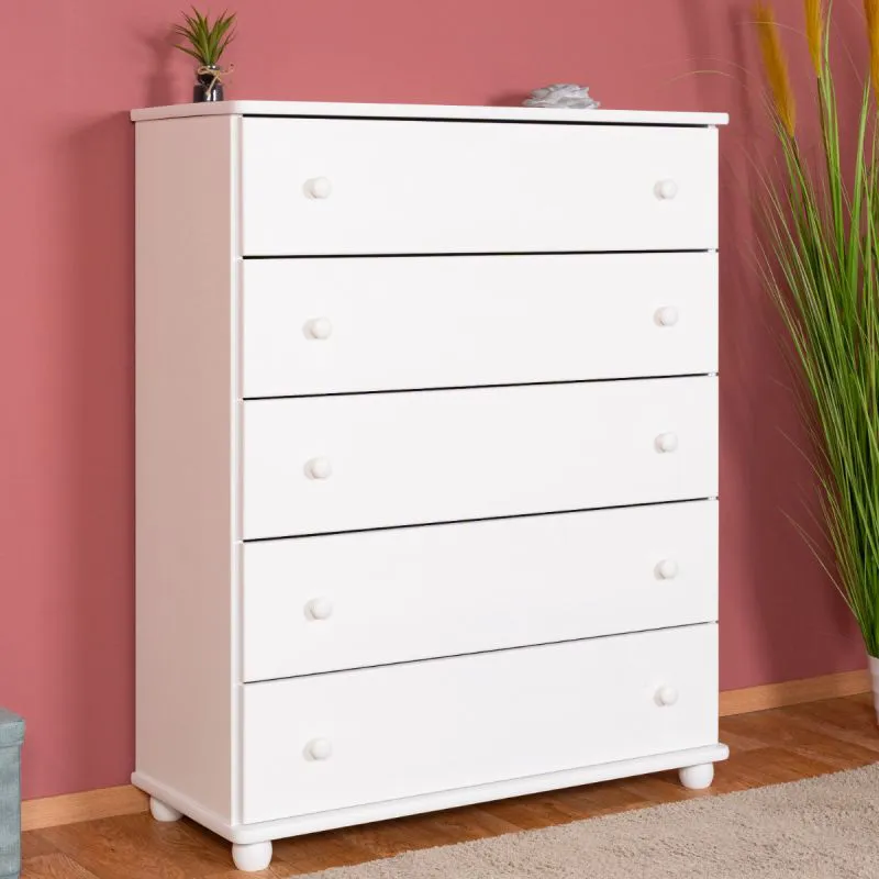 Commode pin massif laqué blanc Junco 139 | 5 tiroirs spacieux | 123 x 100 x 42 cm | Style moderne