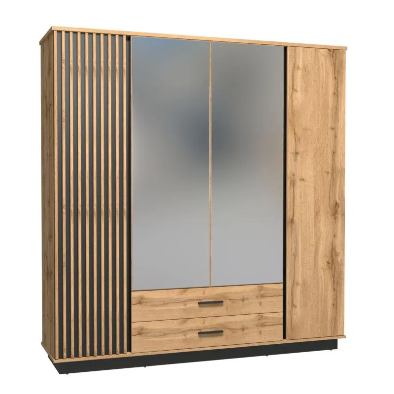 Armoire 2 portes miroir Trevalli 18 | Chêne / Noir | 205 x 197 x 52 cm | Grand espace de rangement