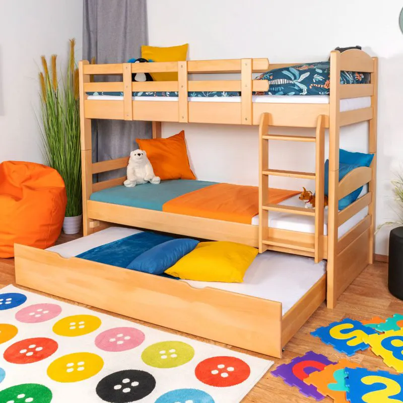 90 x 200 cm Lit superposé avec caisson inférieur / lit gigogne pour 3ème couchage 90 x 190 cm (coffre de lit / espace de rangement) | Bois massif: Hêtre | Laqué Naturel | convertible en deux lits simples | Qualité premium | Incl. Sommier à lattes déroulable Abbildung