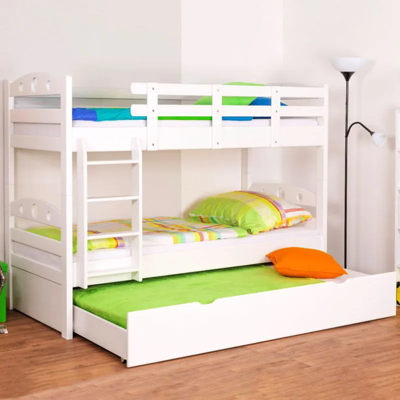 90 x 200 cm Lit superposé avec lit gigogne pour 3ème couchage 90 x 190 cm (coffre de lit / espace de rangement) | Bois massif: Hêtre | Laqué Blanc |convertible/séparable en deux lits simples | Incl. Sommier à lattes déroulable Abbildung