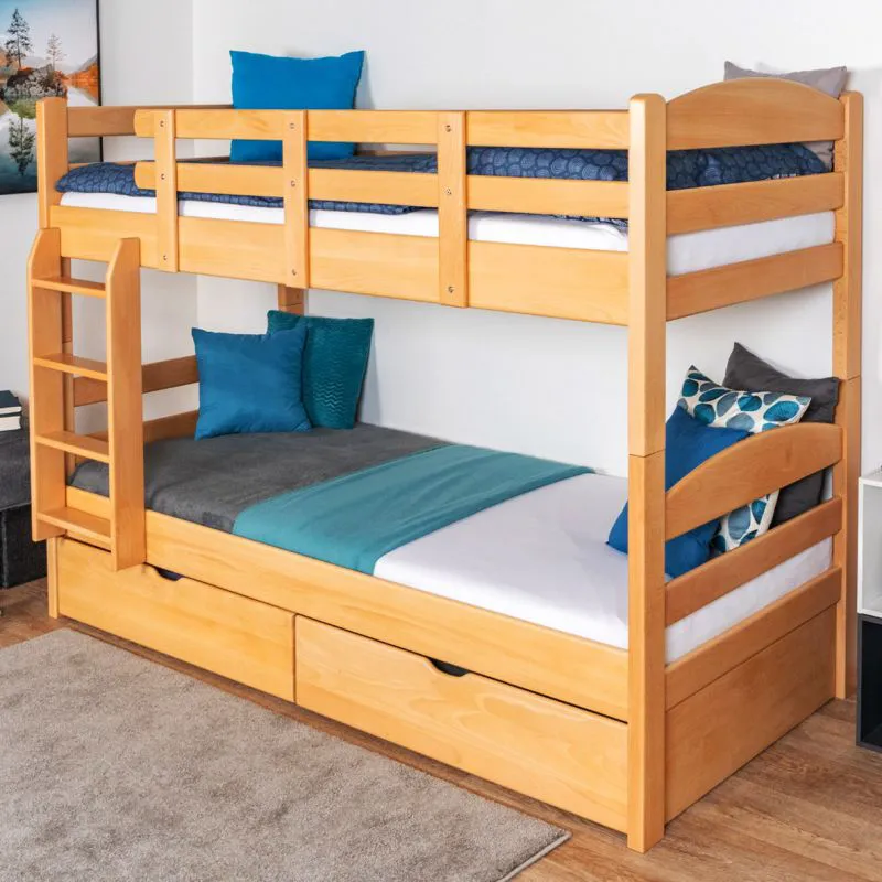 Bois massif Lit superposé pour enfants et adolescents | incl. 2 tiroirs | Dimension du matelas: 90 x 200 cm | Laqué Naturel | convertible en 2 lits simples | Qualité premium | Incl. Sommier à lattes déroulable Abbildung