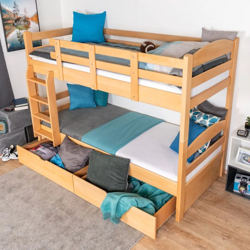 Fonction-Lit superposé pour garçons et filles 90 x 200 cm avec 2 tiroirs comme espace de rangement | Bois massif: Hêtre | Laqué Naturel | convertible en deux lits simples | Qualité premium | Incl. Sommier à lattes déroulable Abbildung