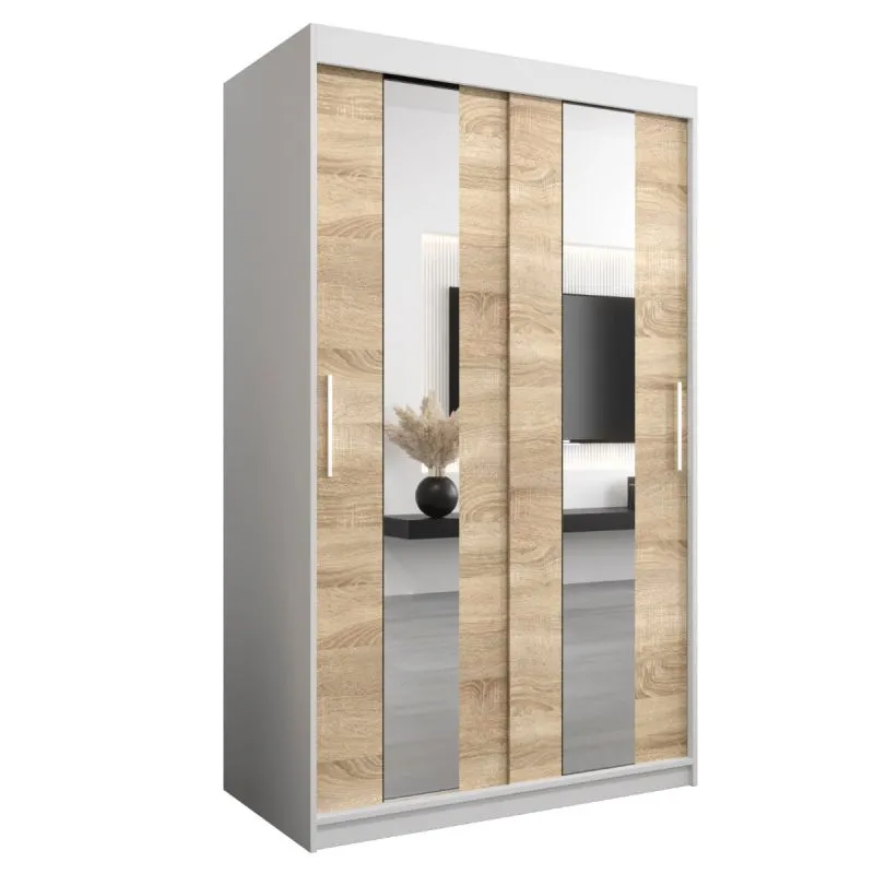 120 cm de large Armoire à portes coulissantes avec 5 casiers et 2 portes | Couleur: Chêne Sonoma  / Blanc | Laminée Abbildung