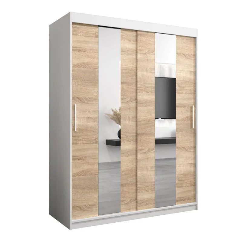 150 cm de large Armoire à portes coulissantes avec 5 casiers et 2 portes | Couleur: Chêne Sonoma / Blanc | Laminée Abbildung