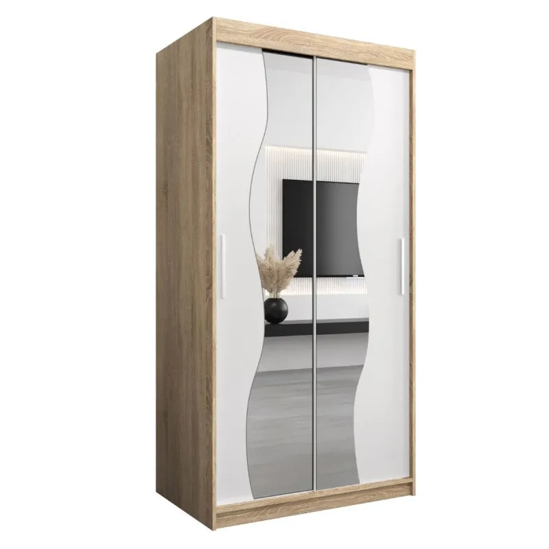 100 cm de large Armoire à portes coulissantes avec 2 portes | 5 casiers | 2 tringles à vêtements | Couleur : Chêne Sonoma / Blanc Abbildung