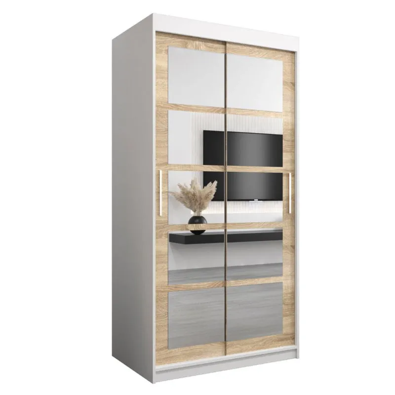 100 cm de large Armoire à portes coulissantes avec 2 portes | 5 casiers | 2 tringles à vêtements | Couleur : Chêne Sonoma / Blanc Abbildung