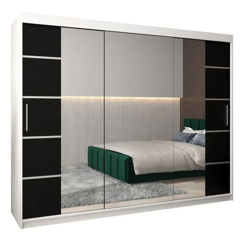250 cm de large Armoire à portes coulissantes avec 10 casiers et 3 portes | Couleur: Blanc / Noir | Laminée Abbildung