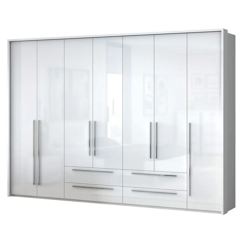 Armoire | 7 portes battantes | 4 tiroirs | 8 casiers | avec 4 tringles à vêtements | 322 cm de large | Couleur: Blanc Abbildung