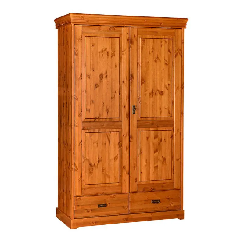 Armoire | 2 portes battantes | 5 casiers | 2 tiroirs | avec tringle à vêtements | 132 cm de large | Bois massif | Couleur: Pin Abbildung