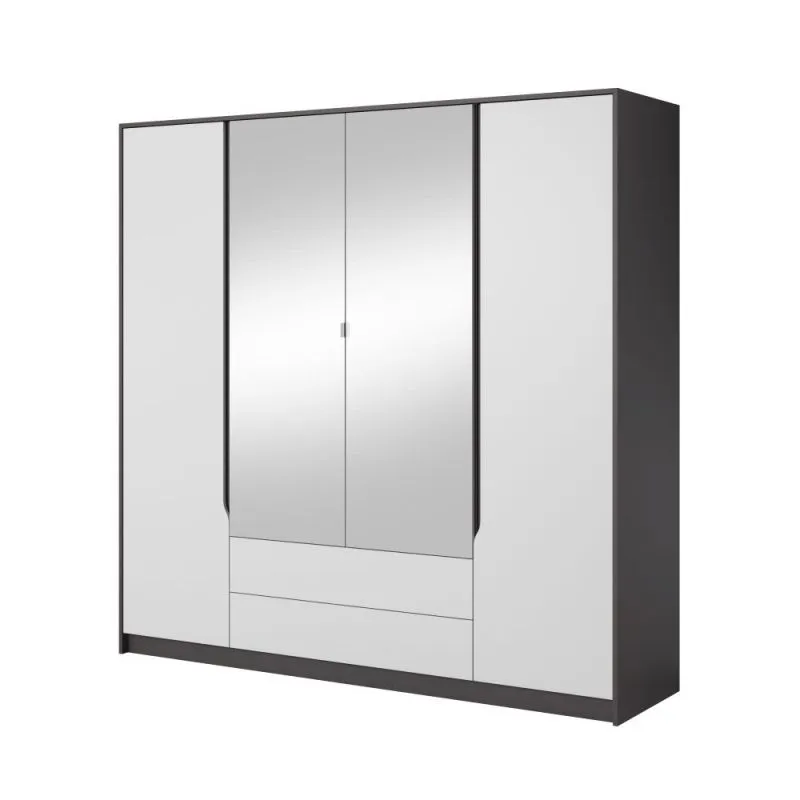 Armoire | 4 portes battantes | 2 tiroirs | 8 casiers | avec 2 tringles à vêtements | 200 cm de large | Couleur: Gris / Blanc Abbildung