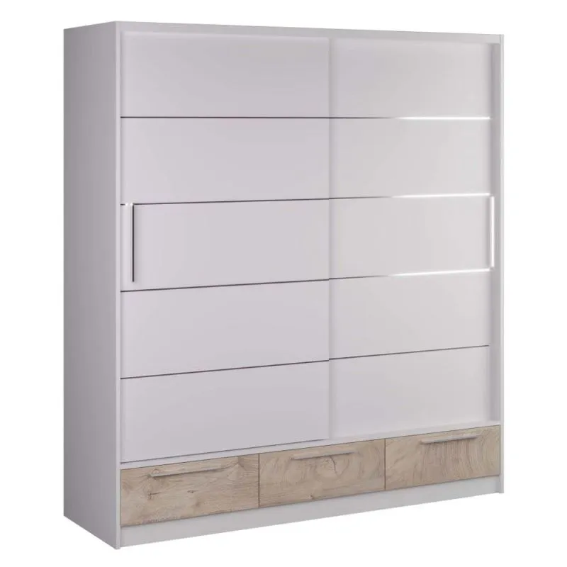 Armoire | 2 portes coulissantes | 3 tiroirs | 5 casiers | avec tringle à vêtements | 149 cm de large | Couleur: Chêne / Blanc Abbildung