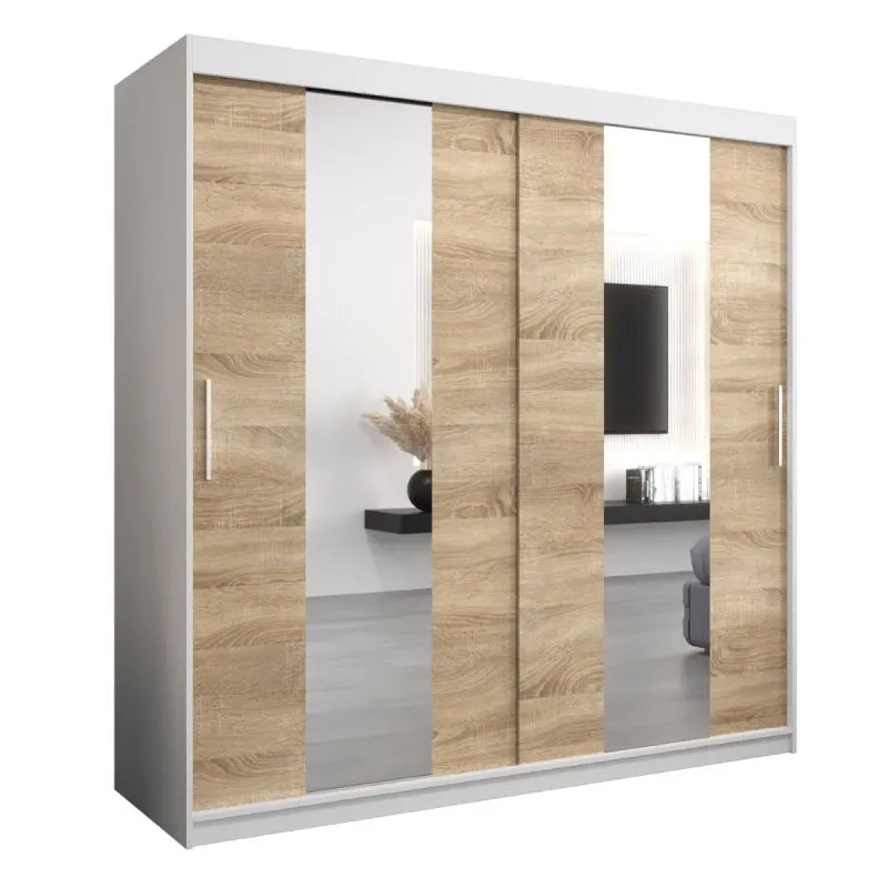 200 cm de large Armoire à portes coulissantes avec 10 casiers et 2 portes | Couleur: Chêne Sonoma  / Blanc | Laminée Abbildung