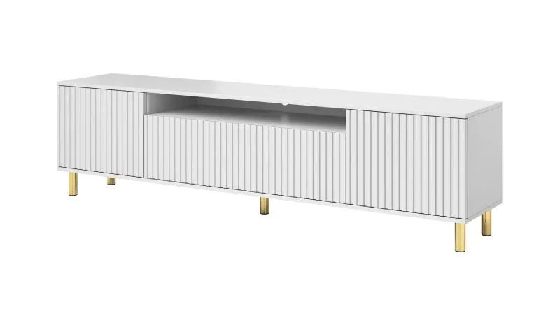 Meuble TV Cieneguillas 07 blanc | Façade rainurée | Pieds dorés | Push-to-open | 54 x 200 x 40 cm