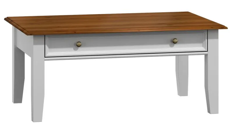 Table basse Gyronde 06 avec tiroir Soft Close | Pin massif | Blanc & Noyer | 122 x 71 x 48 cm | Poignées dorées