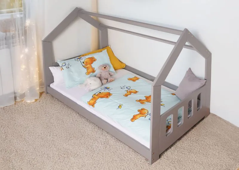 Lit cabane enfant 80 x 160 cm | Pin massif gris laqué | Sommier inclus