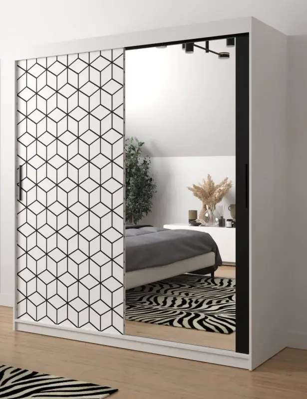Armoire au design moderne Dom 94, Couleur : Blanc mat / Noir mat - Dimensions : 200 x 180 x 62 cm (h x l x p), avec une porte à miroir
