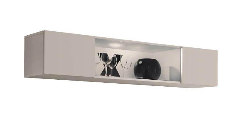 Vitrine suspendue / Couleur : Cachemire / 1 porte basculante / 2 compartiments / Fonction push-to-open / Dimensions : 160 x 29 x 30 cm / Éclairage LED inclus