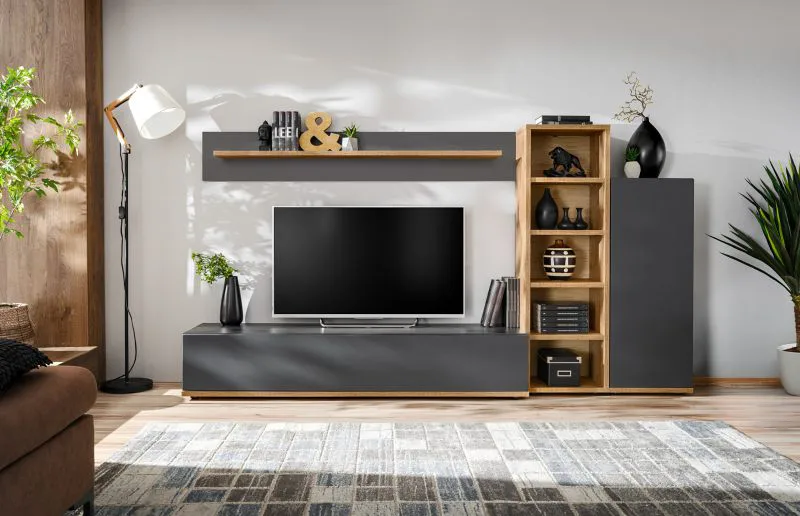 Meuble-paroi / Couleur : Anthracite / Chêne Wotan / Fonction Push-to-open / Dimensions : 240 x 40 x 127 cm / 11 compartiments / 1 armoire / 1 étagère / 1 meuble TV inférieur / 1 tablette murale