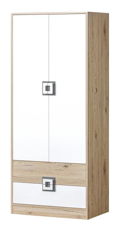 Armoire enfant à portes battantes Fabian 01 | Chêne clair, blanc, gris | 190 x 80 x 50 cm | Design moderne