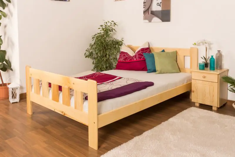 Lit simple / lit d'appoint en bois de pin massif, naturel A22, sommier à lattes inclus - Dimensions 140 x 200 cm 