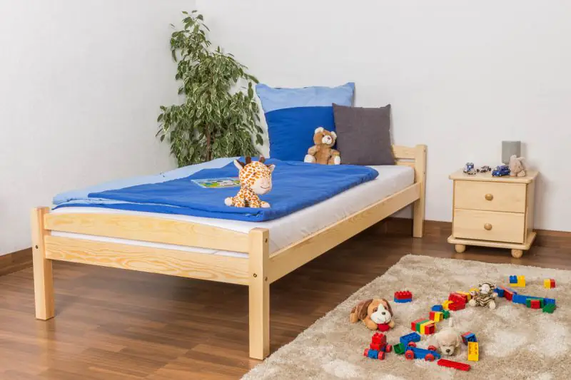 Lit d'enfant / lit de jeunesse en bois de pin massif, naturel 99, avec sommier à lattes - Dimensions 90 x 200 cm