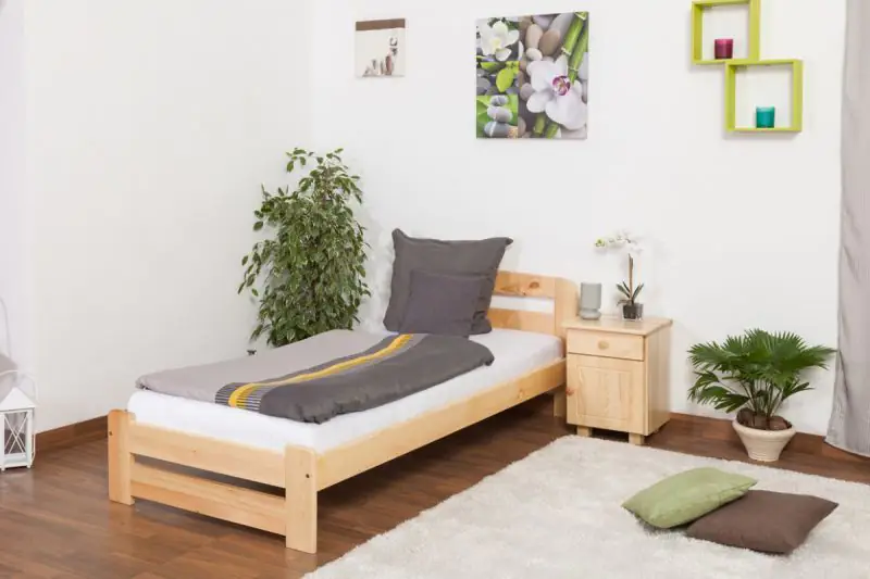 Lit simple / lit d'appoint en bois de pin massif, naturel A7, sommier à lattes inclus - Dimensions : 90 x 200 cm