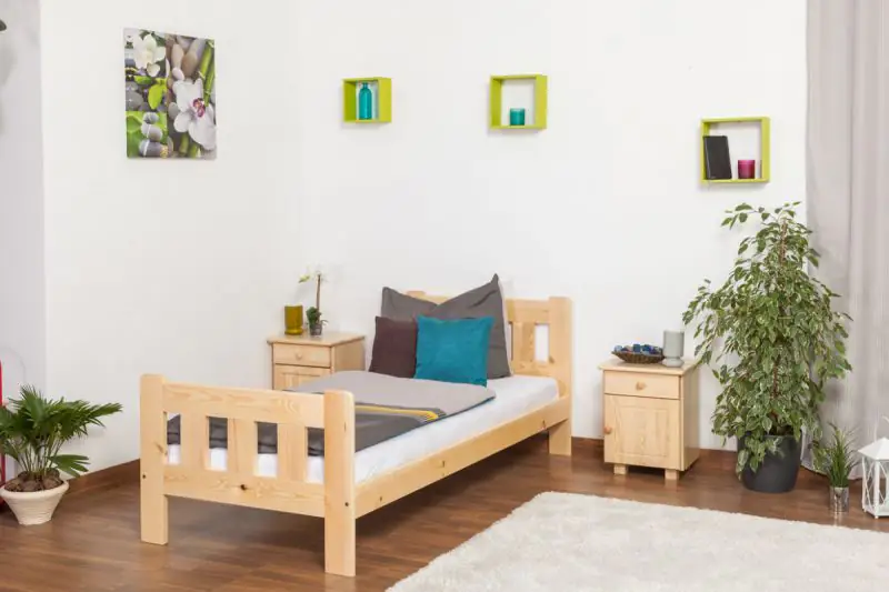 Lit simple / lit d'appoint en bois de pin massif, naturel A22, sommier à lattes inclus - Dimensions 90 x 200 cm 