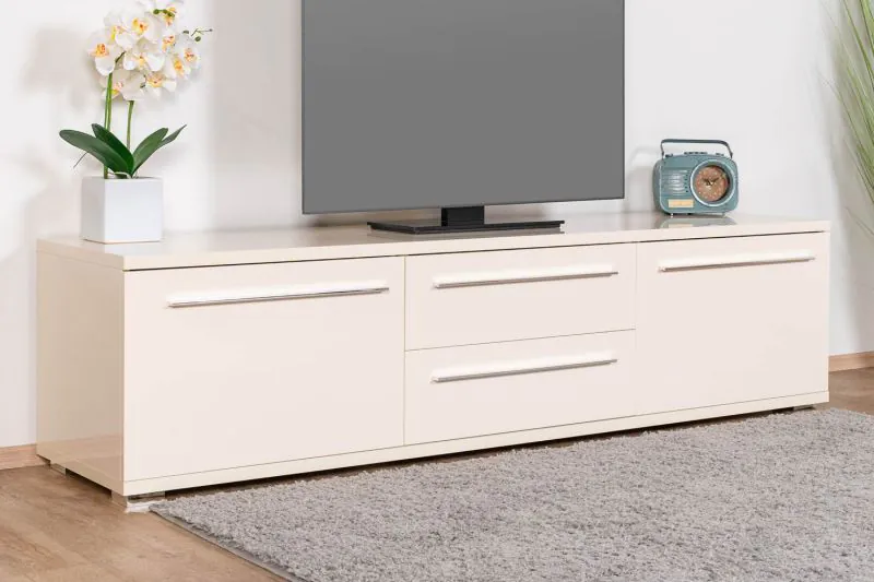Meuble bas TV Garim 34, couleur : beige brillant - 46 x 180 x 45 cm (H x L x P)