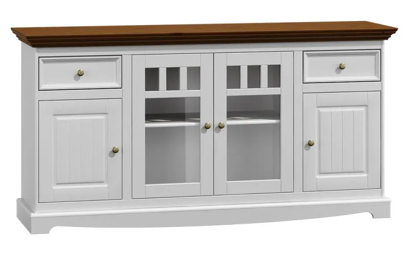 Commode Gyronde 03 | Pin massif blanc et noyer | 85 x 167 x 45 cm | Style campagne élégante