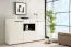 Salon complet - Ensemble C Idos, Couleur : Blanc / Blanc brillant / Chêne gris / Noir, avec verre Parsol, deux vitrines, une tablette murale, un meuble TV, une commode et une table basse