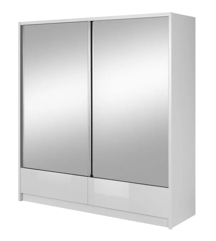 Armoire à portes coulissantes avec deux portes miroir et deux tiroirs Anfield 06, Couleur : Blanc brillant - Dimensions : 214 x 204 x 62 cm (H x L x P)